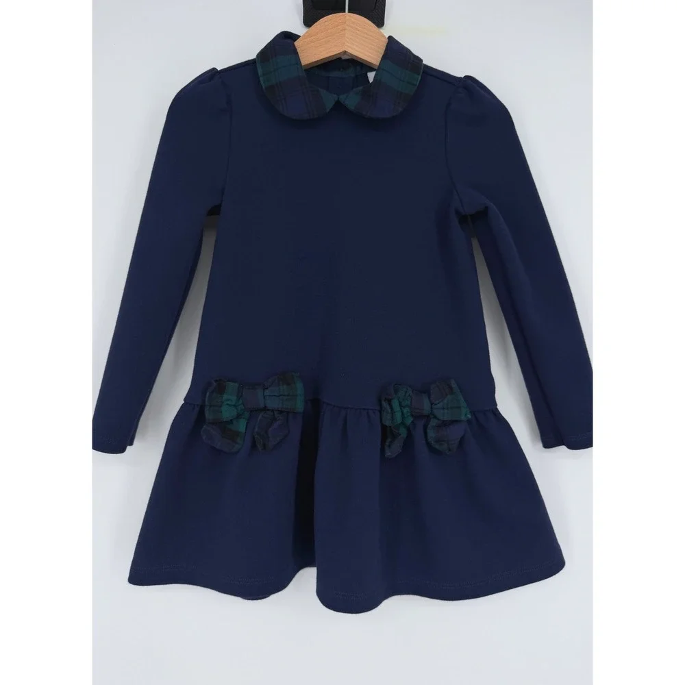 Janie and‎ Jack Navy Blue Tartan Bow Ponte Dress Long Sleeve Size 3